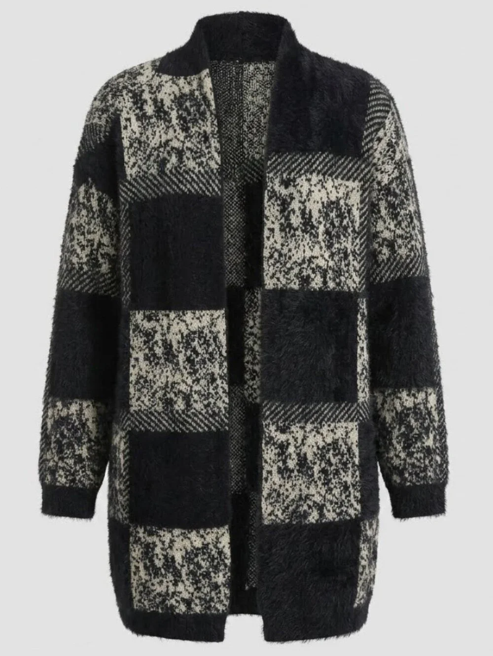Cozy Black & Cream Open-Front Plaid Cardigan Sweater